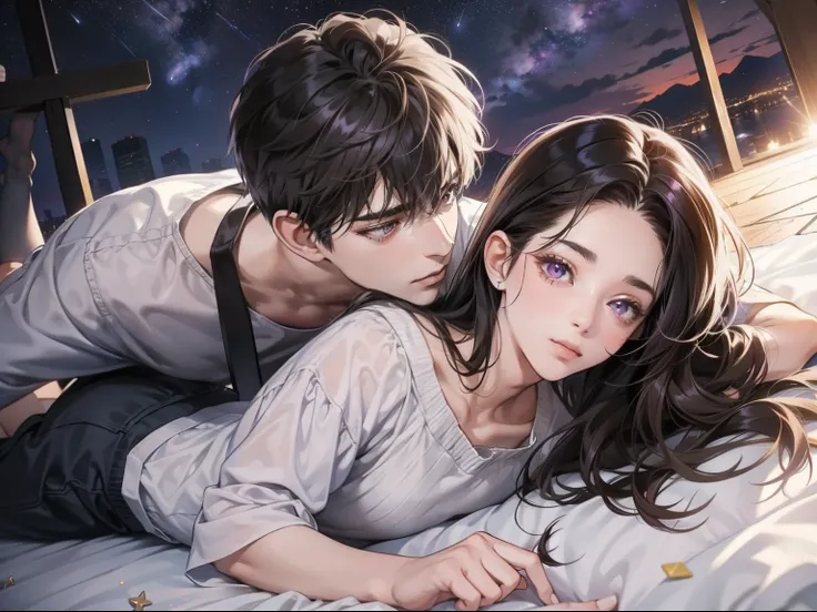 couple, 1 girl 1 boy, different hair color, long black hair and purple eyes, short brown hair and grey eyes, romance, lie on the...