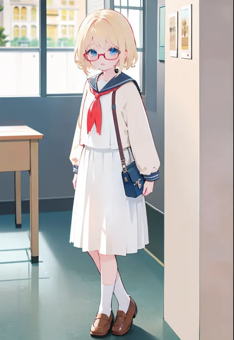 1人、Cute girl、short detailed hair、blond hairbl、eBlue eyes(high light)、Red glasses(Square lenses)、JK sailor suit(baggy)(white colors)(long  skirt)、Beige coat jacket、White socks、red neckchief、satchel、leather shoes、Classrooms