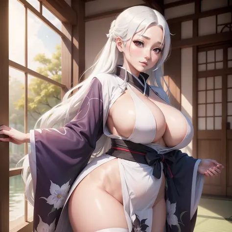 Ume Daki (human) from Kimetsu no Yaiba. Hashira, kimono, yukata, mature face, white skin, white hair, long hair, big tiddy ++, giant boobs ++, nude, provoking, milf