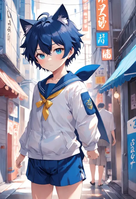 Beautiful Boys，Cat ears anime shounen, Anime moe art style, full body portrait of a short!, Cute anime cat teenager,Deep blue hair，a sailor suit， gapmoe yandere, Anime Nefer Pito, anime full body illustration, 2 d anime style, rei hiroe, eBlue eyes, Boy wi...