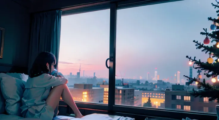 Girl sitting alone by the window，Night view of the city outside the window，The starry sky outside the window sparkles，Very lonely，A soft shimmer shines on the girl，Rich details inside the window，There are plush dolls inside the window，There are night light...