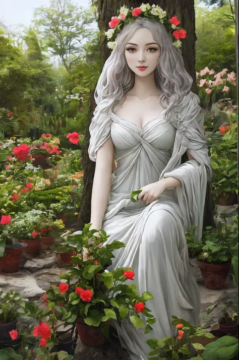 persephone, a silver-haired greek goddess, pele branca, de beleza sedutora coletando flores em um jardim no olimpo