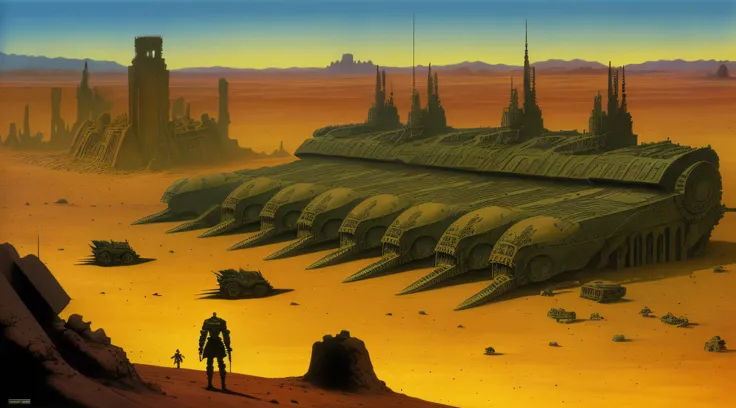 enki bilal,philippe druillet,moebius inspired french comics art "a vast desert filled with colossal, rusting machines of war, half-buried in the sand, a dying sun casting long shadows over the scene, adding to the eerie sense of a long-forgotten battlefiel...