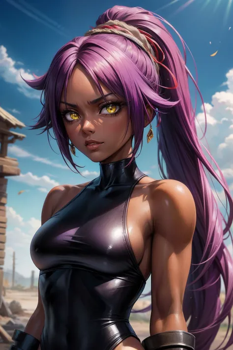 best quality, expressive eyes, perfect face, close up on face, yoruichi shihouin, dark skin, dark-skinned female, bare shoulders, ((black leotard)), black clothe, yellow eyes, purple hair, long hair, ponytail, post-apocalyptic, blue sky