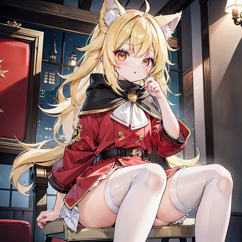 Petite yellow-haired loli, Wolf ears, Wolf tail, Handsome red coat, white stockings, Sit in a chair in a dimly lit dining room。, hyper HD, retinas, Masterpiece, Anatomically correct, Textured skin, High details, Award-Awarded, 16k