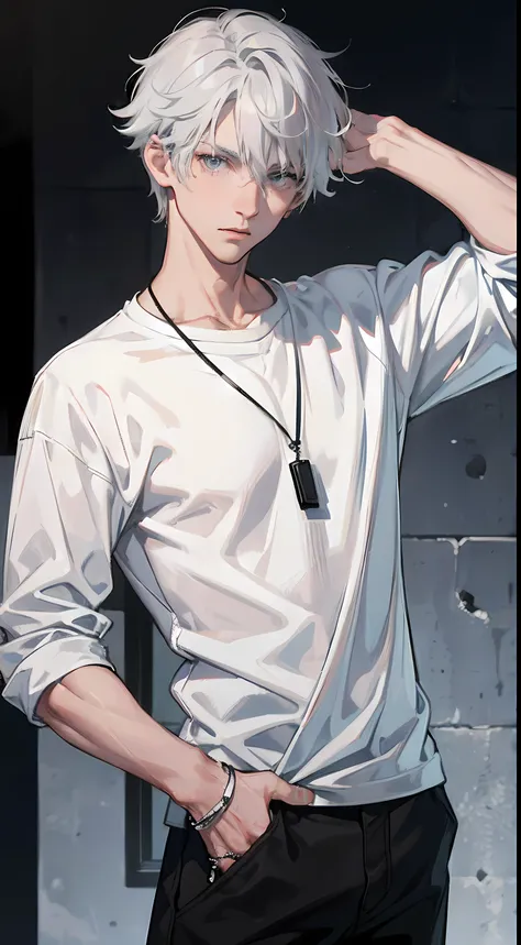 1 boy, gray-white hair, blue-gray eyes, skinny, casual plain black shirt, black casual pants, neckless and rings, absurdres, high res, ultrasharp, 8k, masterpiece, looking at viewer