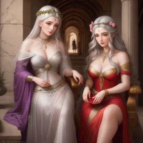 Persephone and Demeter, silver-haired Greek goddesses, pele branca, of seductive beauty embraced. mother and daughter