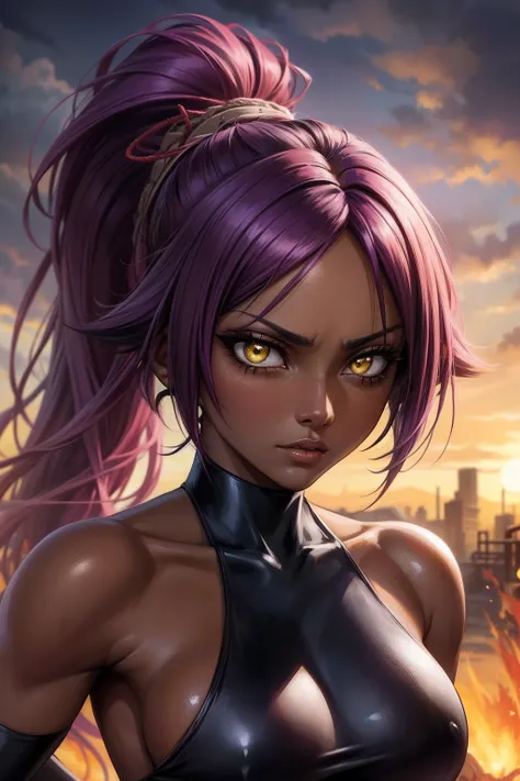 best quality, expressive eyes, perfect face, close up on face, yoruichi shihouin, dark skin, dark-skinned female, bare shoulders, ((black leotard)), yellow eyes, purple hair, long hair, ponytail, post-apocalyptic landscape