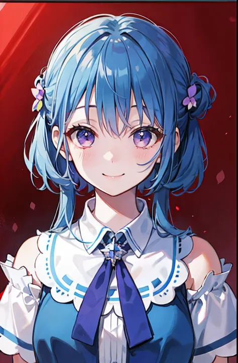 hair tied in bows on both sides, shoulder-length hair, blue hair, purple eyes, smile girl, happy girl, high school girl, royal, portrait, discreet clothes