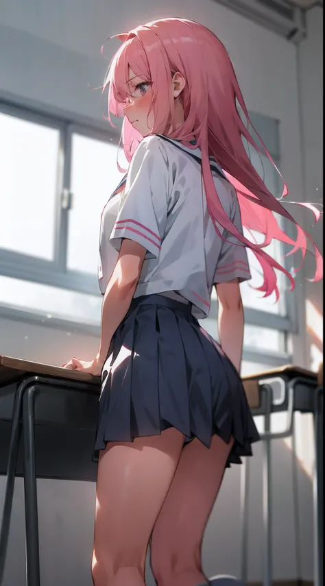 1 long hair, girl in school uniform (short sleeves), miniskirt, pink hair, looking away, standing, embarrassed, blushing, mouth closed, anime, classroom, (underwear is white)