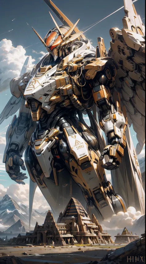 best quality, a majestic sphinx mech, humanoid shape, egyptian motif, massive, imposing, dynamic action pose, sky, cloud, wings, holding_weapon, no_humans, glowing, robot, mountain range, glowing_eyes, mecha, science_fiction, mountains, realistic, octane r...