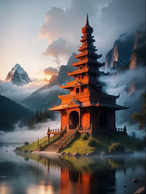 Indian temple, mountain, lake, strom, fog, lighting