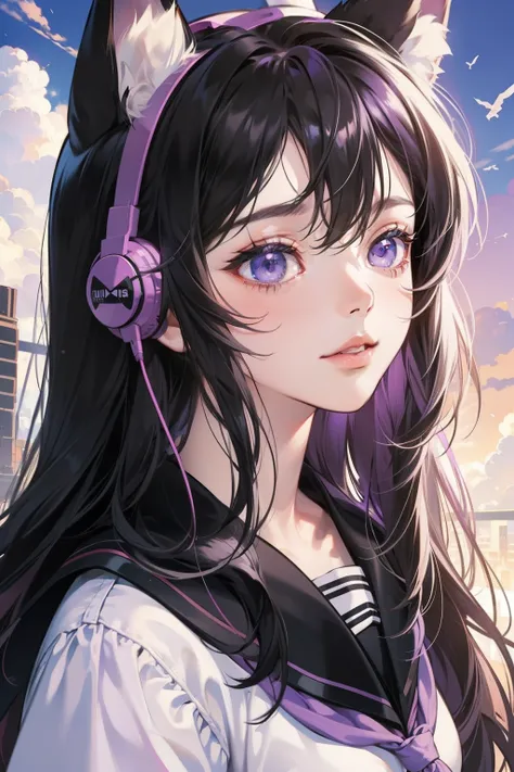 masterpiece, best quality, girl with animal ear headphone on, purple eye, black long hair, falling in the sky, gaming girl, cloud, school uniform (close-up:1.1), bright, happy, fun, soft lighting, (Bauhaus, shapes, lines, abstract:1.1)