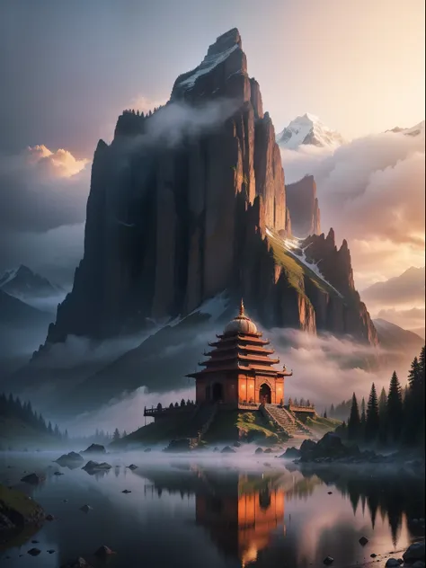 Indian temple, mountain, lake, strom, fog, lighting