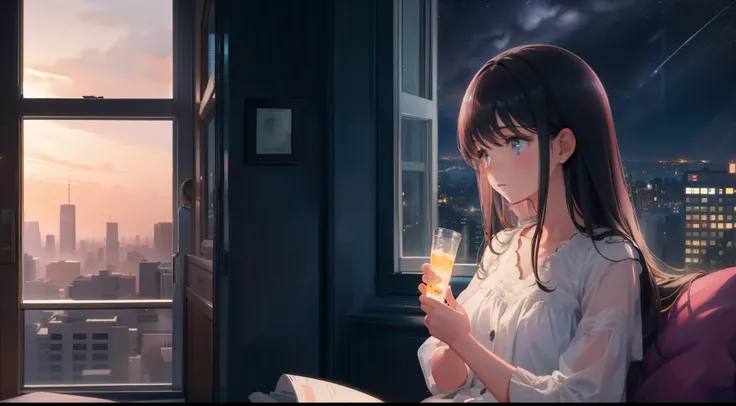 Girl sitting alone by the window，Night view of the city outside the window，The starry sky outside the window sparkles，Very lonely，A soft shimmer shines on the girl，Rich details inside the window，There are plush dolls inside the window，There are night light...