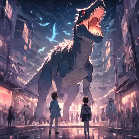 Dinosaurs carry wolves，the city street，nigth，Standing in front of the glass，window，Reflective，mirrors