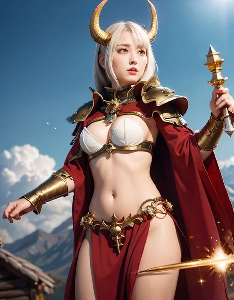 Professional , ​masterpiece、top-quality、photos realistic , depth of fields 、（White bikini armor)、（）、Jewel Gold Weapon、Particles of light),Gorgeous gold weapons ,（（ Gorgeous Dragon Sword）） , （Hold the Devils Hand）,,（maikurobikini） 、（（White hair））、（Castle ba...