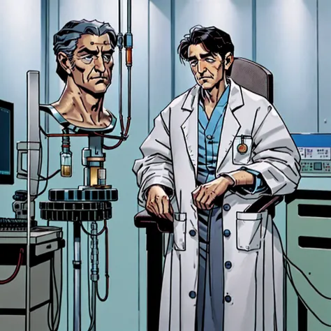 Old doctor in doctors lab coat, jaleco sujo. Standing Hair, rosto arrepiante com uma cicatriz aberta, in the psychiatry lab with a patient sitting in a chair facing him. Doctor with an acosting appearance