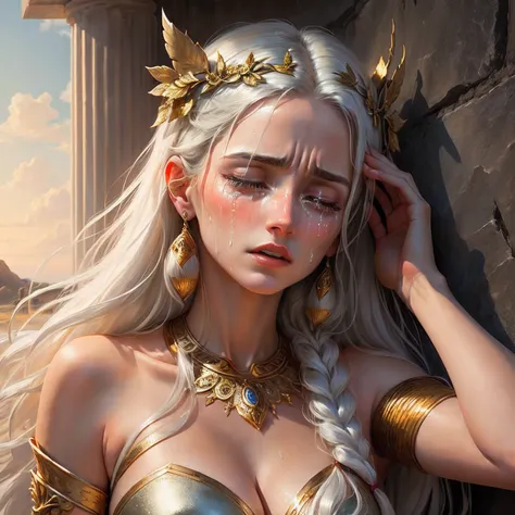 Demeter a Greek goddess crying over the loss of her daughter, silver hair white skin and seductive beauty