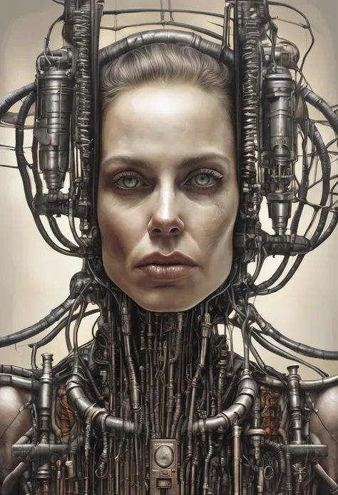 Front portrait of a woman with pretty face, giger, biomechanical body, sinister machine, plugged, pipes and cables, tenebrous, hyperrealistic, ultra detailed, intricate, oil painting by chris cold