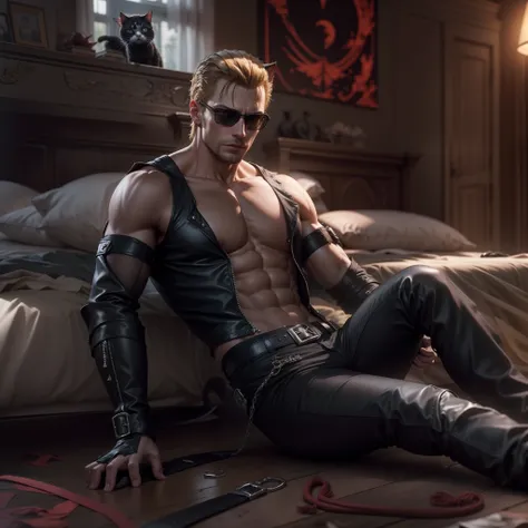 Albert wesker, in a bright bedroom, on the floor, wearing bdsm clothing, shirtless:1.2, shorts, black cat ears, red cat eyes, black cat tail, crawling, high resolution,