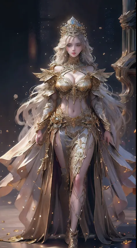 Woman in a golden transparent dress,view the viewer,(Spread legs),(((Huge breasts, Large cleavage))),Slim waist,(navel baring,Bare waist), Long hair, Ultra-detailed details,High-end Zhenyi station, Rainstorm site, detailed fantasy art, Stunning character a...