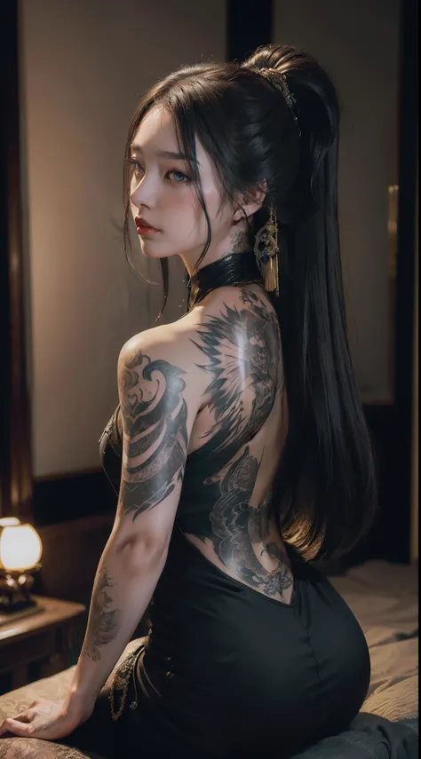 ((masterpiece, wlope style, artwork, portrait, half body)) beautiful and elegant yakuza girl dramatically looking at her right s...