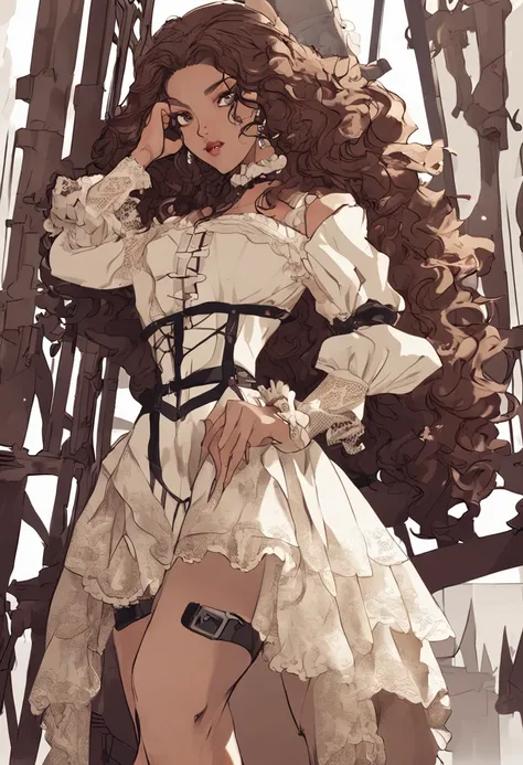 Brown woman Curly hair Long eyelashes black eyes fleshy lips big hair long legs corset garters stay up lace stockings high heels