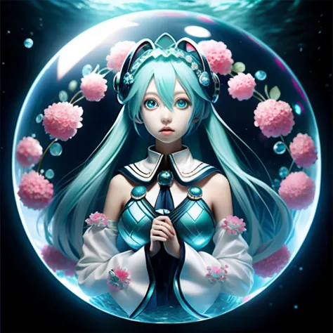 （glass complete sphere filled with water：1.3），big breasts hatsune miku， blue  hair+small pink flowers:1.3+big red eyes，a sailor ...