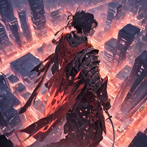 A samurai in modern armor on top of a skyscraper, Fantastic image, Close-up, 8k