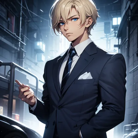 digital art, 4k, anime, one 26 year old male, muscular upper body, dark blue eyes, short medium blonde hair, cold, melancholy, dark background, half body up, formal, suit, tie, slightly tanned