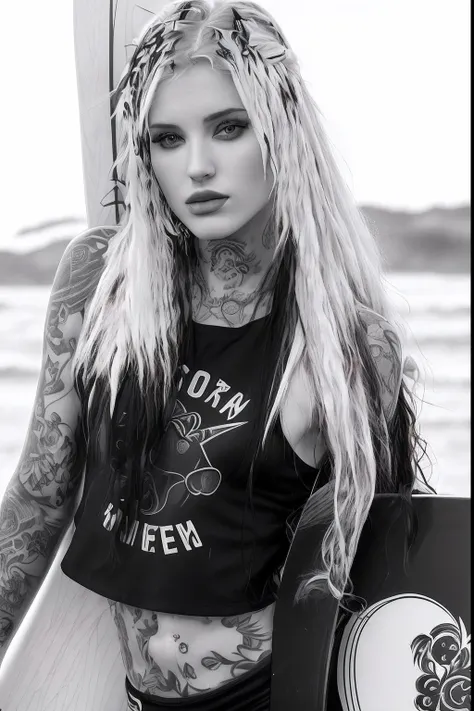 Colorful arafed woman with long hair holding a surfboard in a black and white photo, in black and white, with tattoos, anna nikonova aka newmilky, inked, olga buzova, aleksandra waliszewska, dasha taran, tattooed, back and white, yelena belova, black and w...