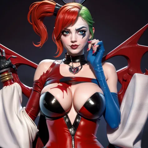Harley Quinn merged with joker, sexy, sitting on bench, metropolitan background, sexy, alluring, sensual, multiple limbs