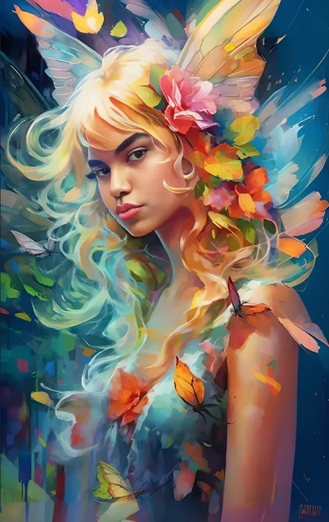 pintura de uma mulher com uma borboleta e flores em seu cabelo, lindo arte digital, linda arte digital linda, arte de fantasia digital colorida, bela arte digital, bela arte digital, lindo pintura digital, pintura digital bonita, arte digital muito bonita,...