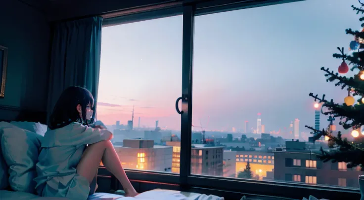 Girl sitting alone by the window，Night view of the city outside the window，The starry sky outside the window sparkles，Very lonely，A soft shimmer shines on the girl，Rich details inside the window，There are plush dolls inside the window，There are night light...