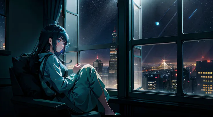 Girl sitting alone by the window，Night view of the city outside the window，The starry sky outside the window sparkles，Very lonely，A soft shimmer shone on the girl，Rich details inside the window，There are plush dolls inside the window，There are night lights...