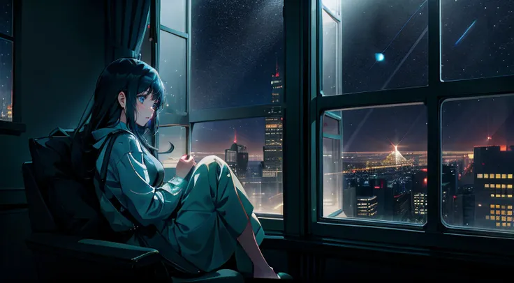 Girl sitting alone by the window，Night view of the city outside the window，The starry sky outside the window sparkles，Very lonely，A soft shimmer shone on the girl，Rich details inside the window，There are plush dolls inside the window，There are night lights...