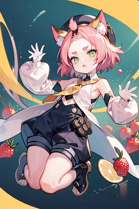 young child catgirl, short pink hair, yellow collar with a tie, white shirt with detached sleeves, black beret hat, black shorts, cat ears, angry looking, lemon slices at background, strawberries floating around, berries falling from the sky,