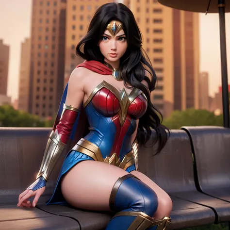 Super girl merge with wonder woman, sexy, sitting on bench, metropolitan background, sexy, alluring, sensual, multiple limbs