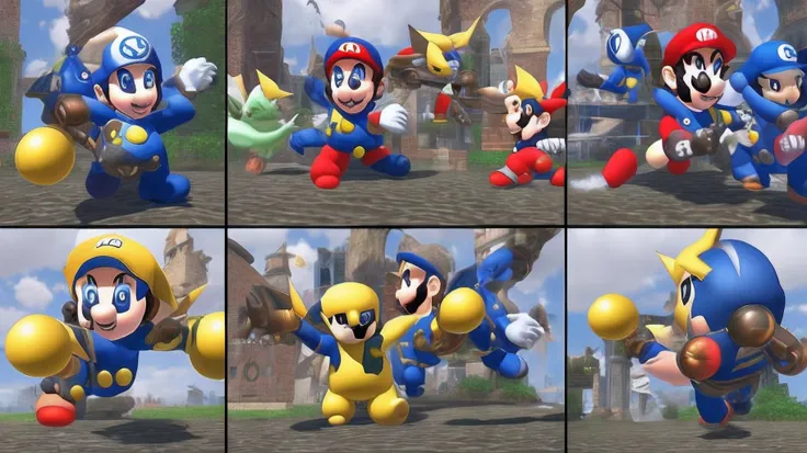 Make a super Mario with Pikachus tail, asas do Charizard, in the right hand Megamans cannon, e usando uma armadura de Pegasus de cavaleiros do zodiaco