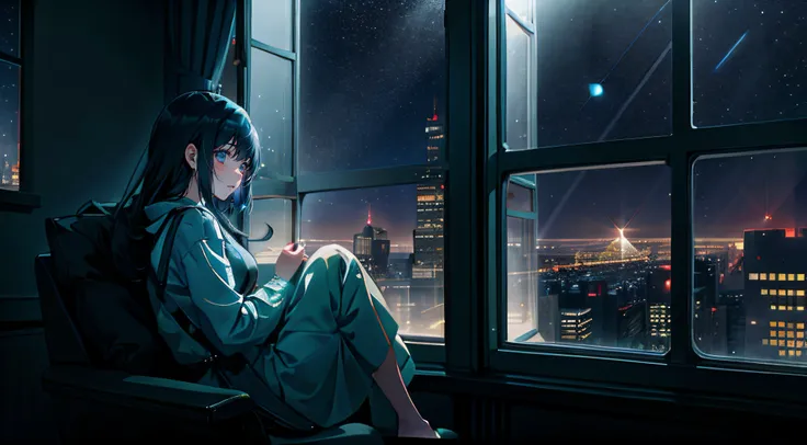 girl sitting alone by the window，night view of the city outside the window，the starry sky outside the window sparkles，very lonel...