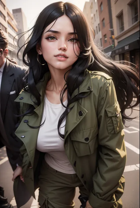 "Sexy woman with long black hair wearing a black mouth mask, donning an olive green trench coat, a brown t-shirt, camo cargo pants, and white sneakers."