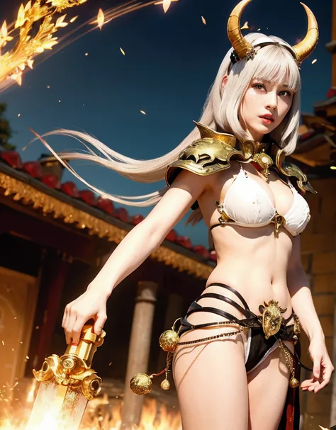 Professional , ​masterpiece、top-quality、photos realistic , depth of fields 、（White bikini armor)、（）、Jewel Gold Weapon、Particles of light),Gorgeous gold weapons ,（（ Gorgeous Dragon Sword）） , （Hold the Devils Hand）,,（maikurobikini） 、（（White hair））、（Castle ba...