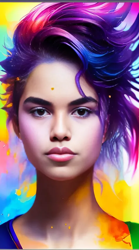 A closeup of a person with colorful hair and a rainbow background, RossDraw pastel vibrante, rossdraw desenho animado vibrante, Beeple e Jeremias Ketner, pintura digital vibrante, pintura digital colorida, Rossdraw 1. 0, Rossdraw 2. 0, Neoartcore e Charlie...