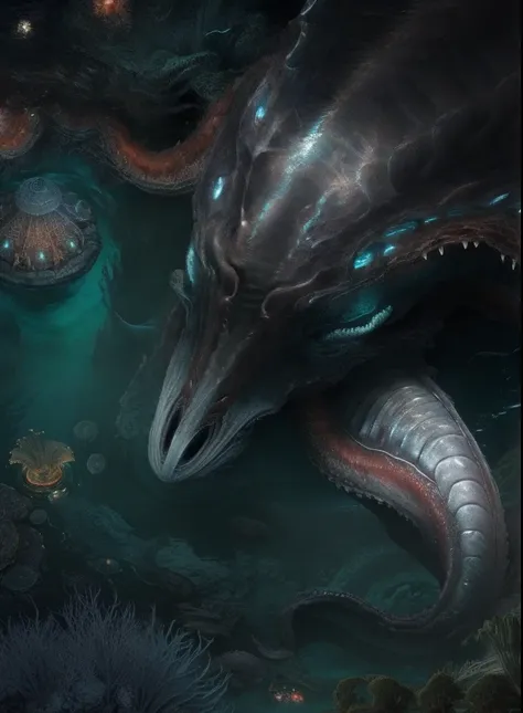 there is a huge creature in the water, detailed maw, the hydra from path of exile, underwater leviathan, lovecraftian sea creatu...