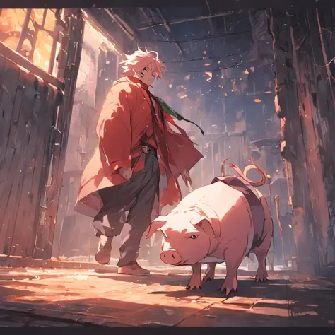 A man leads a pig，Walk through the door