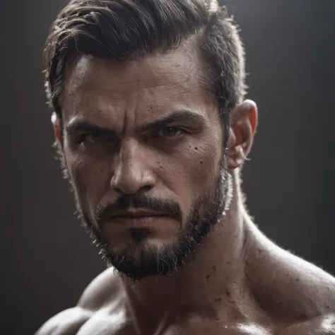 Man face with powerful look, muscles in profile, zeus style, realistic, cinematic, dark background.