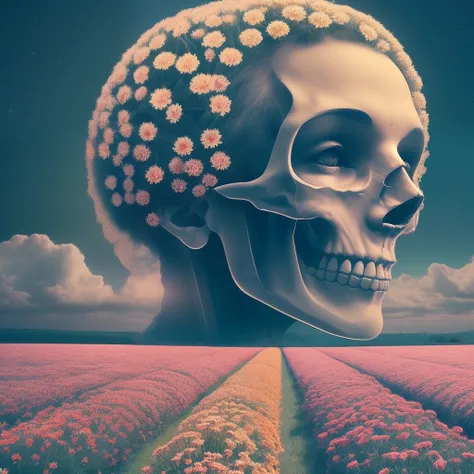 vast field of flowers with body human skulls instead of flower head. Cinematic, 4k, eery, atmospheric, liminal --auto --s2