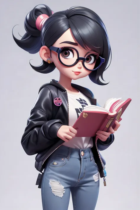 estilo chibi, jeans, cabelo preso por um coque , fofo, sorrir, girl holding a book while wearing glasses, master part, estilo 3d...