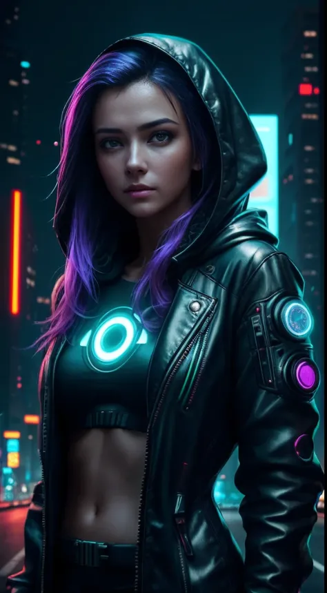 cyberpunk portrait photography, beautiful young woman looking off camera in glowing futuristic hood jacket, super realistic face, eyes visible through hair, proper eye position, natural skin, soft light, rim light, hips, in road side, detailed background, ...